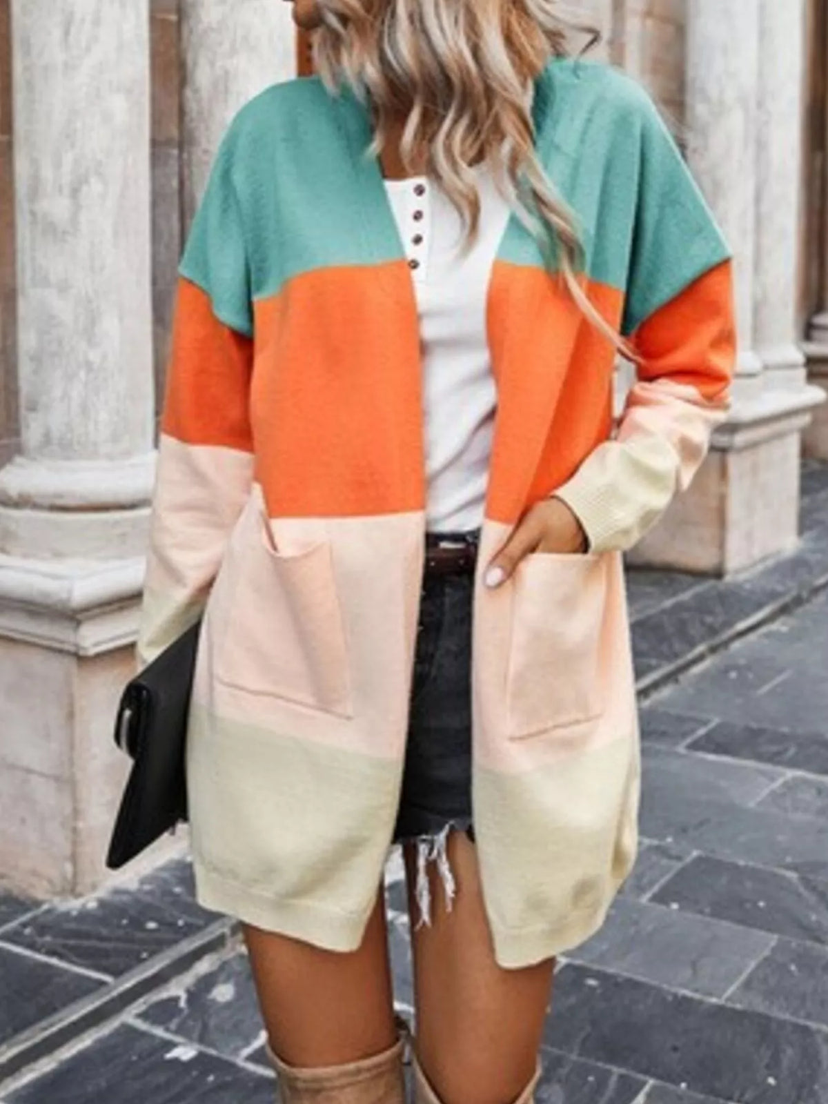 Color-Block Open Front Knit Cardigan