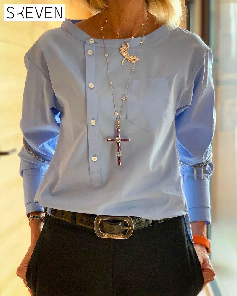 Buttoned solid color irregular top