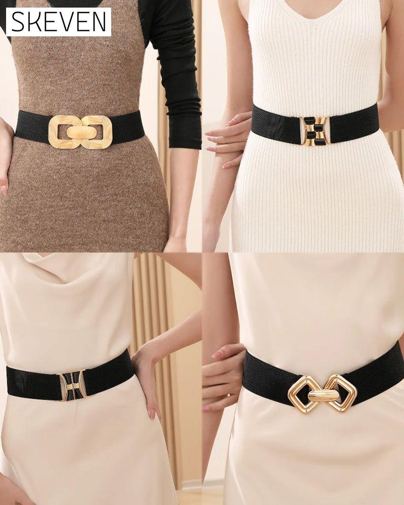 Ceinture vintage en cuir élastique avec boucle dorée pour femme