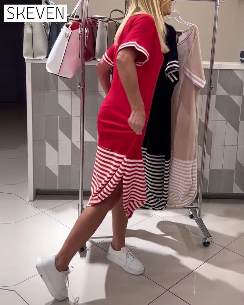 Contrast Stripe Short Sleeve Casual Dress