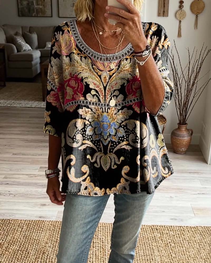 Bohemian Openwork Printed Blouse