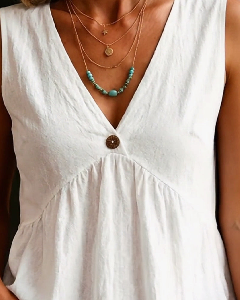 V-Neck Single Button Pleated Sleeveless Tank Top