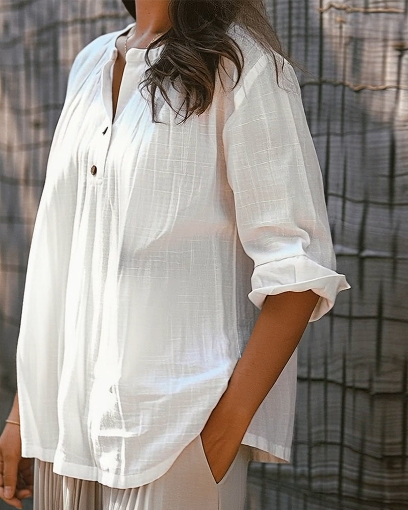 Solid Color Round Neck Long-Sleeved Blouse
