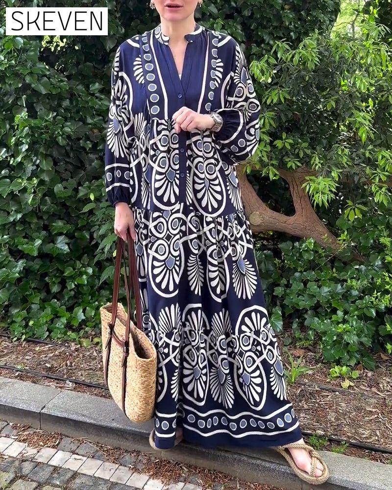 Lässiges Langarmkleid mit Retro-Print