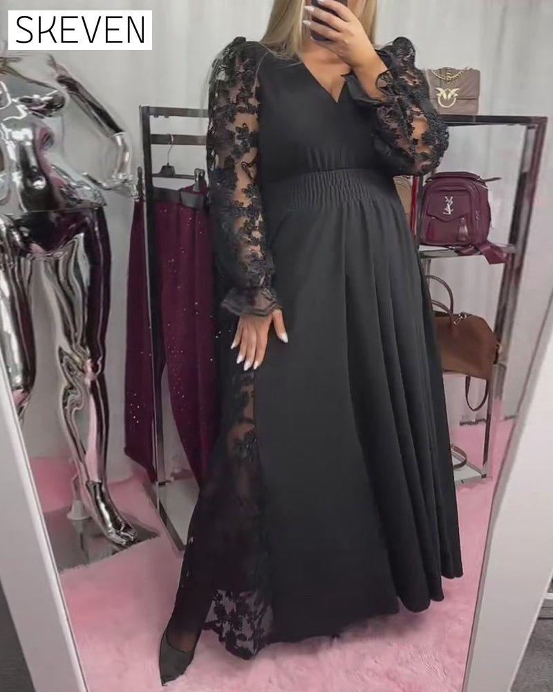 Lace Stitching V-Neck A Hem Dress