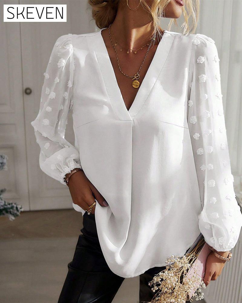 Dot Patchwork Lantern Sleeve V-Neck Tops
