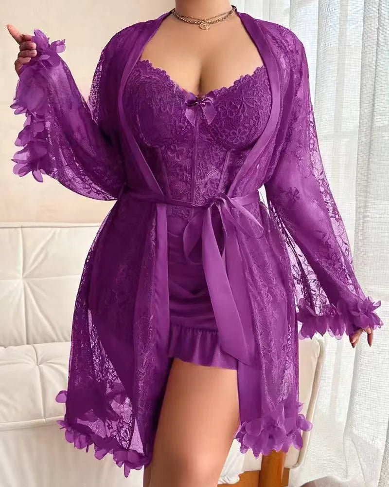 Lace Cover-Up Spaghetti Strap Lace Trim Pajama Dress