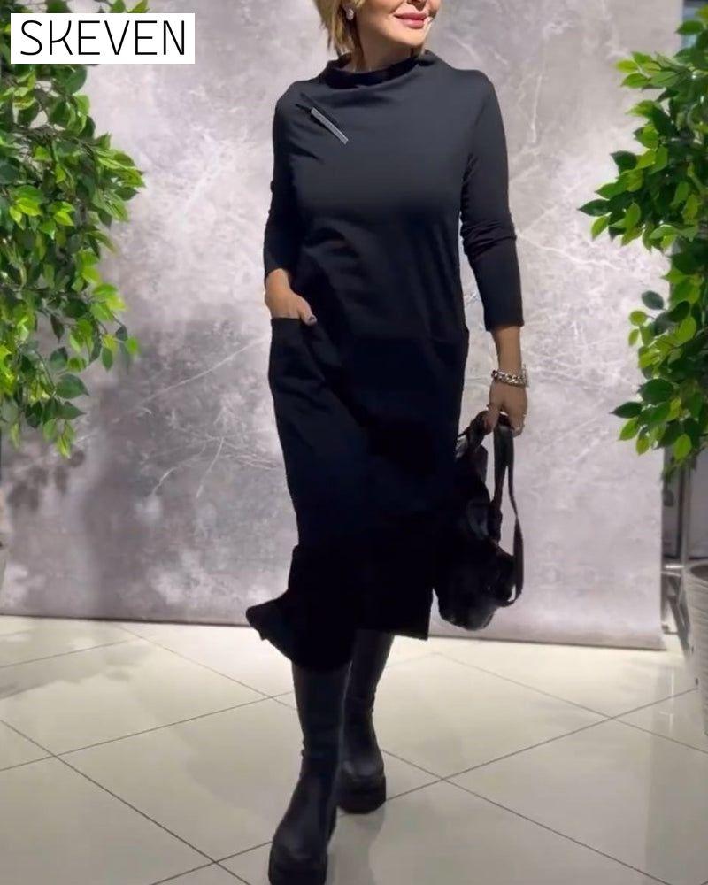 Solid Color Crew Neck Dress with Pocket
