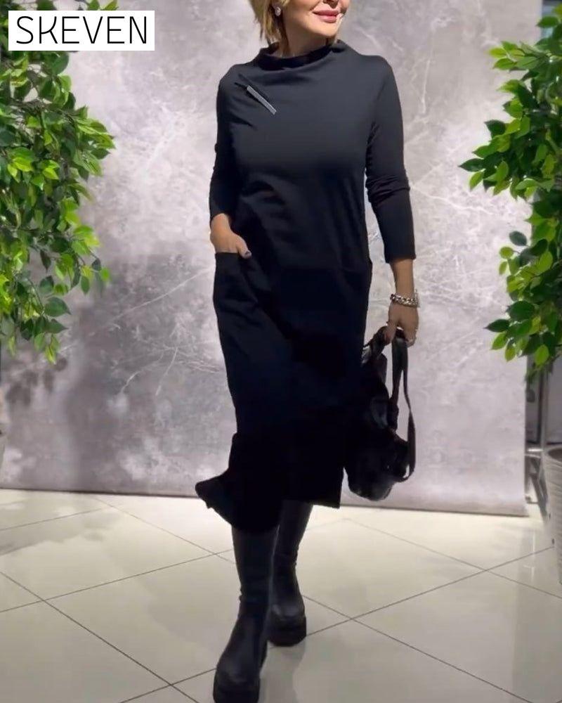 Solid Color Crew Neck Pocket Dress Black 2023 f/w 23BF casual dresses Clothes Dresses spring