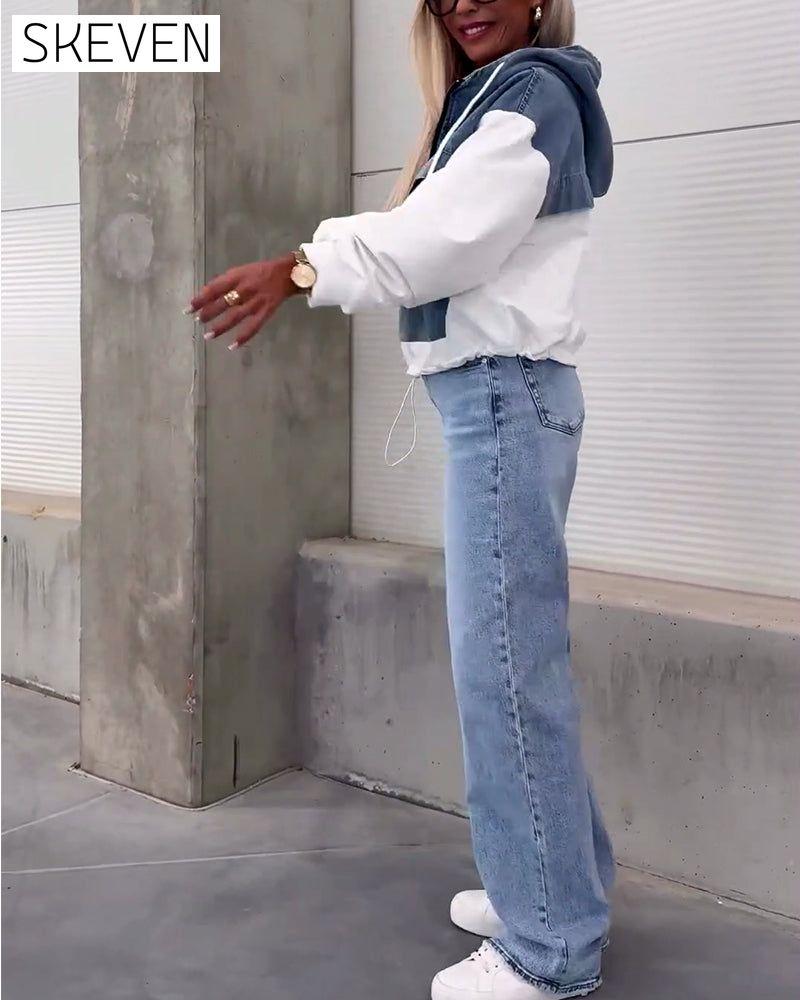 Casual denim patchwork zipper hoodie