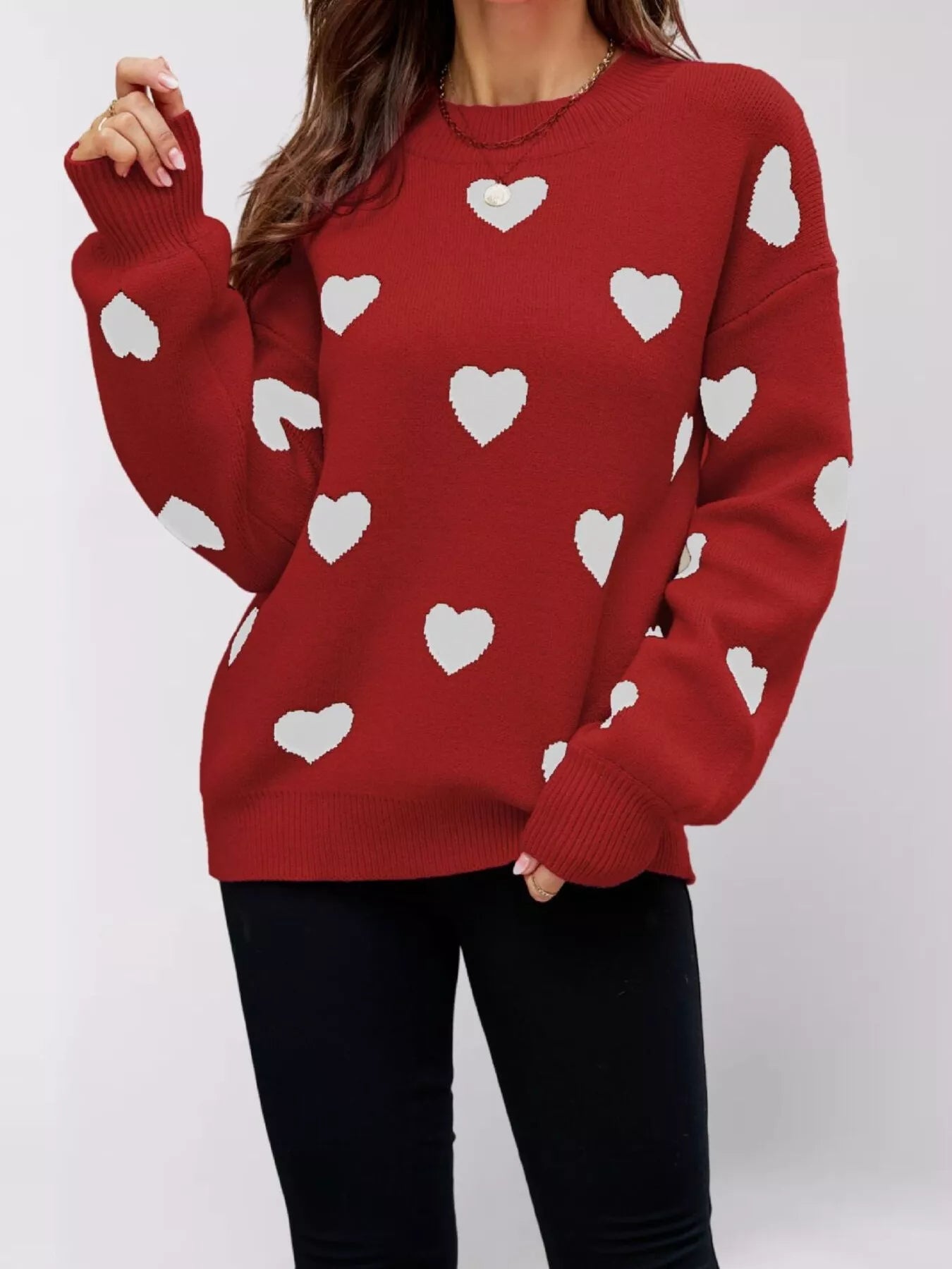 Heart-Patterned Dropped Shoulder Sweater