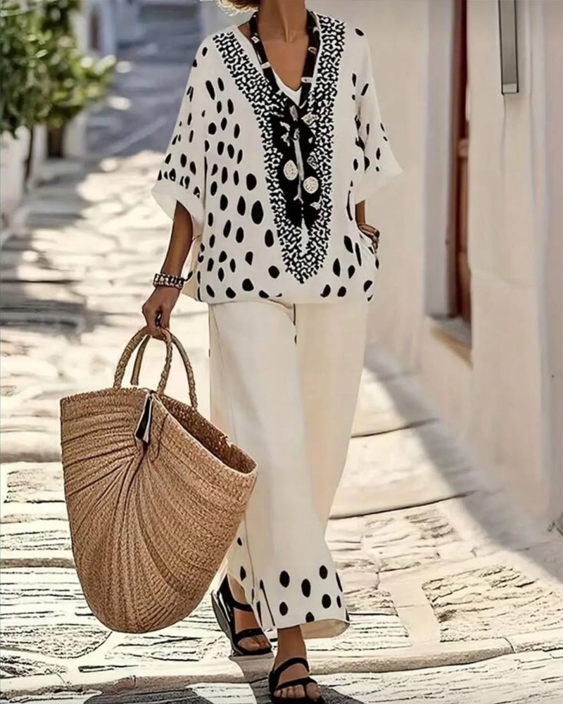 Polka Dot Print V-Neck Wide Leg Pants Set