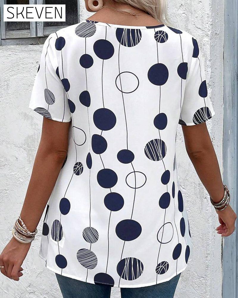 Round Neck Short Sleeve Printed Blouse