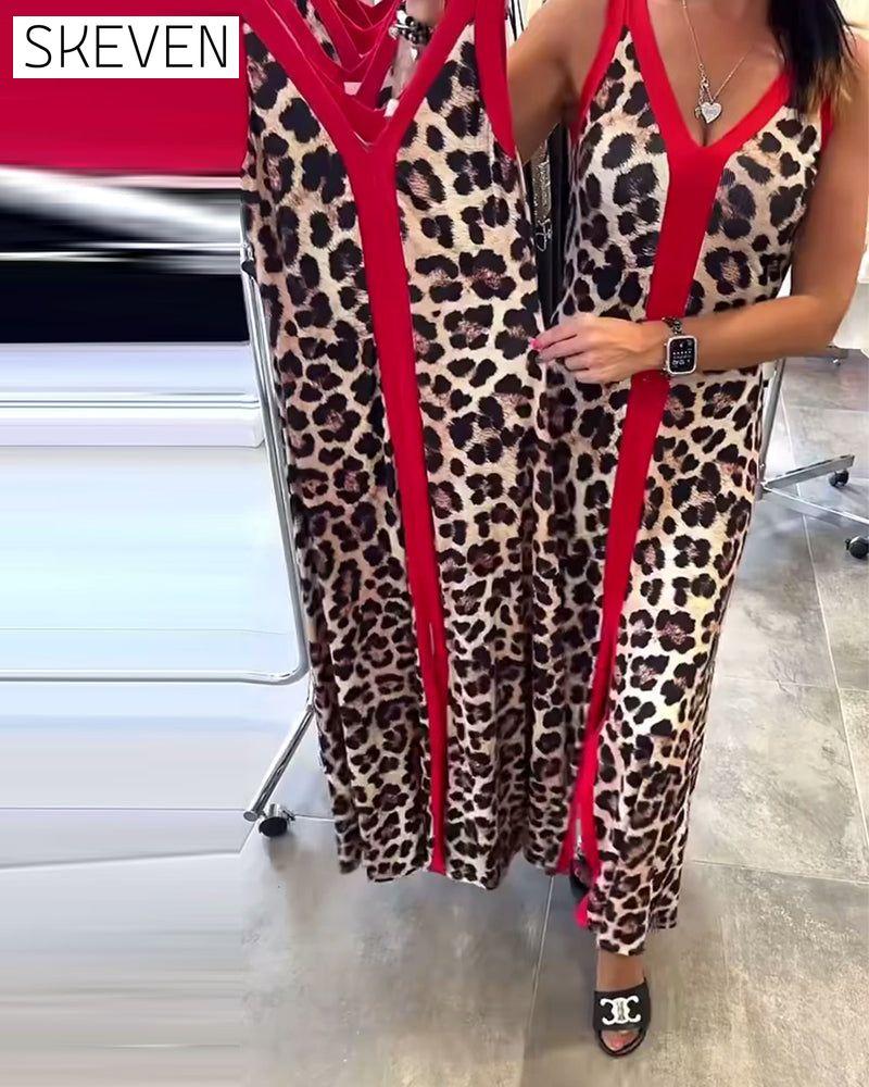 Sleeveless Elegant Leopard Print Contrast Dress