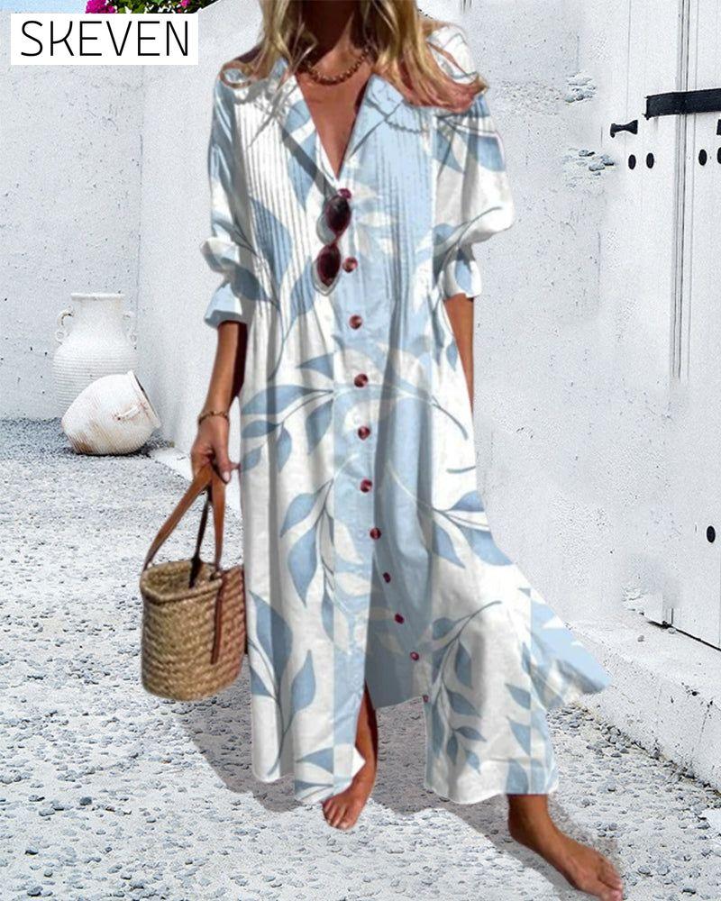 V-neck button-down printed dress spring summer vacation dresses