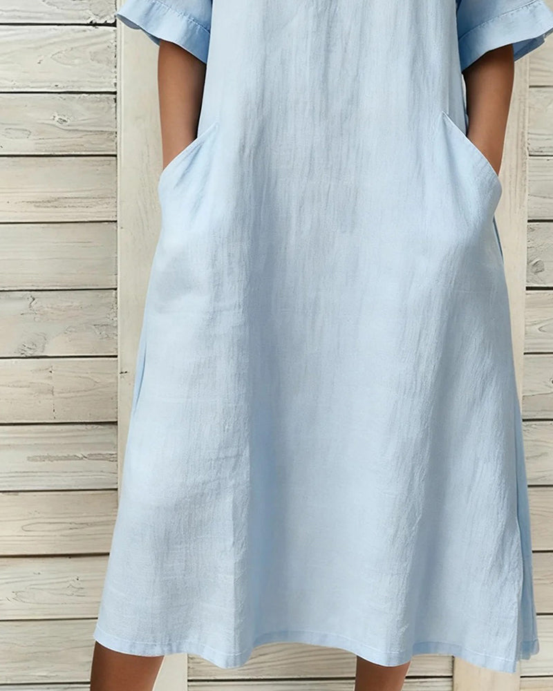 Linen Stand Collar Mid Sleeve Dress