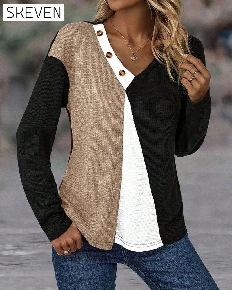 V-Neck Contrast Button Top