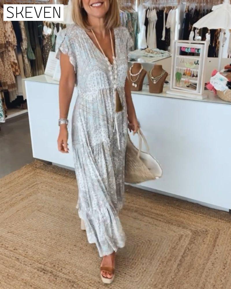 Vacation print V-neck split sleeve dress