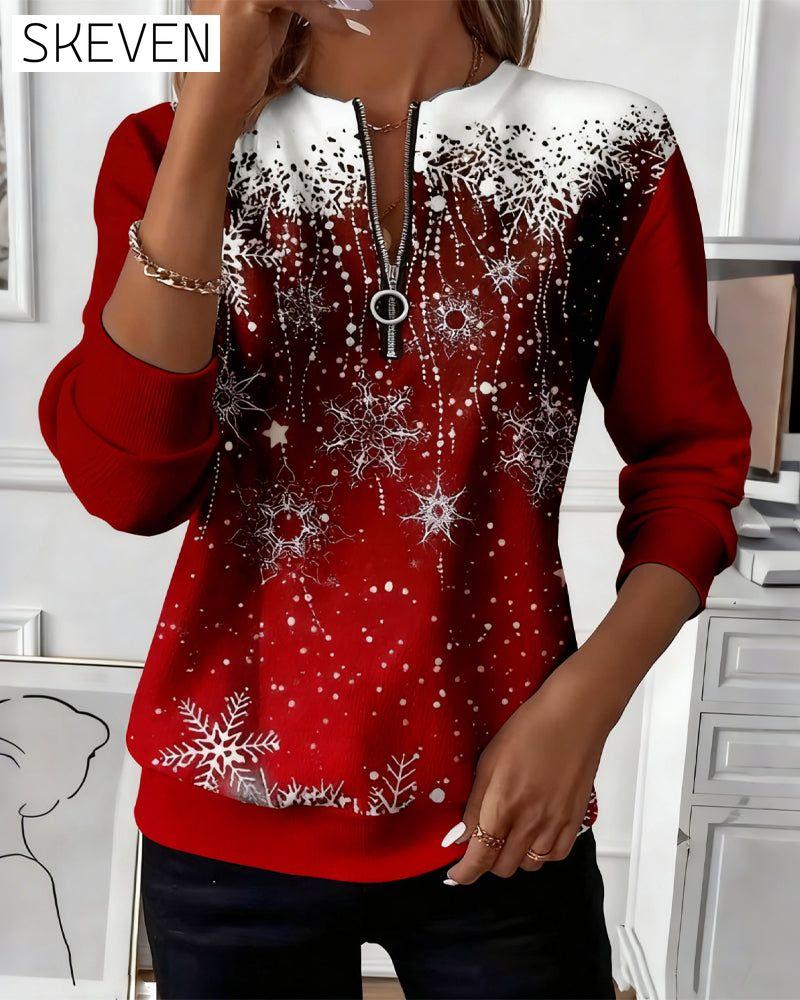 Half-Zip Snowflake Round Neck Sweatshirt