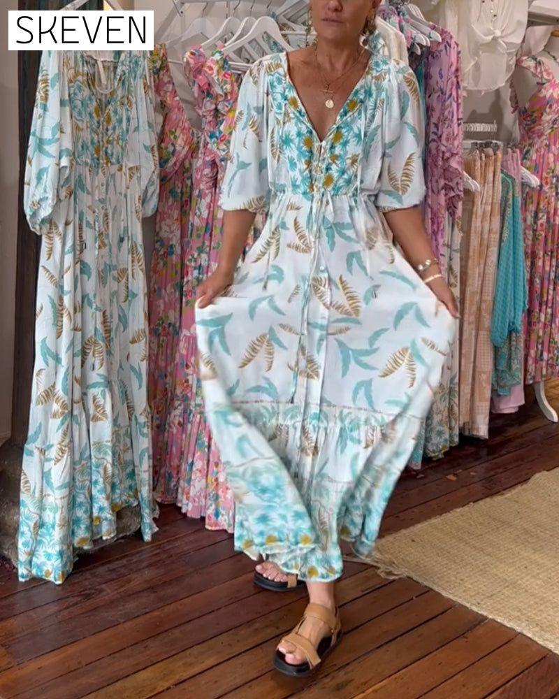 Maxikleid mit V-Ausschnitt und Blätterprint für Damen