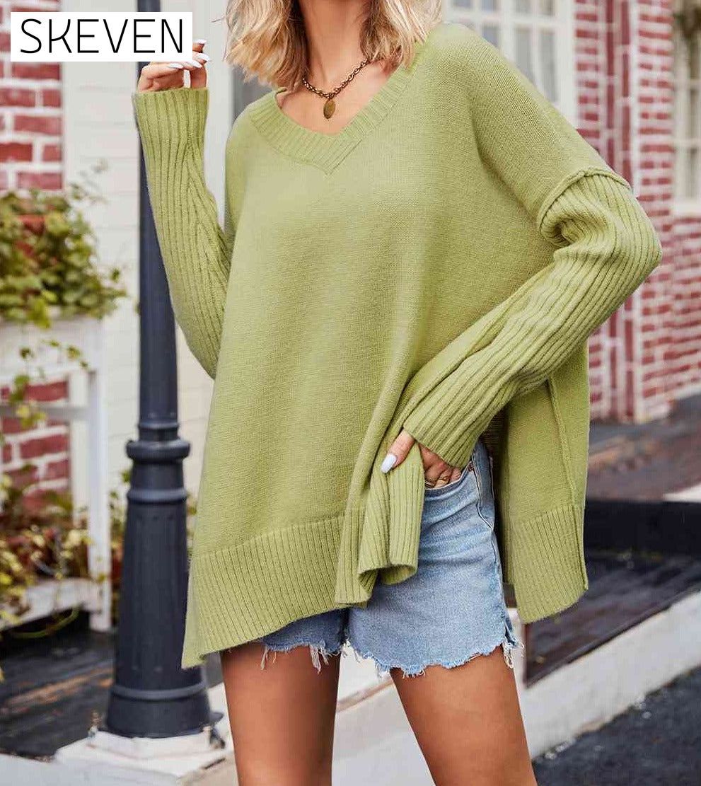 V-Neck Slit Exposed Seam Sweater Lime Cardigan clothes SF Knit Ship From Overseas Sweater Sweaters