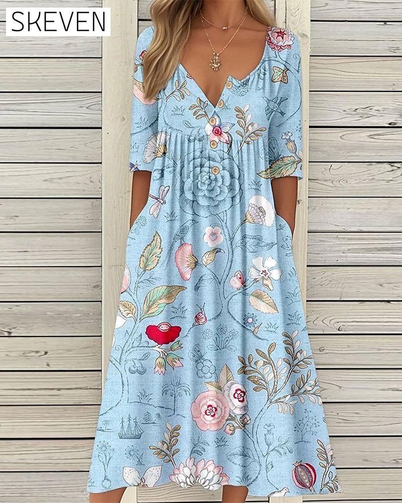 Half-Sleeve Printed Pleated A-Line Dress