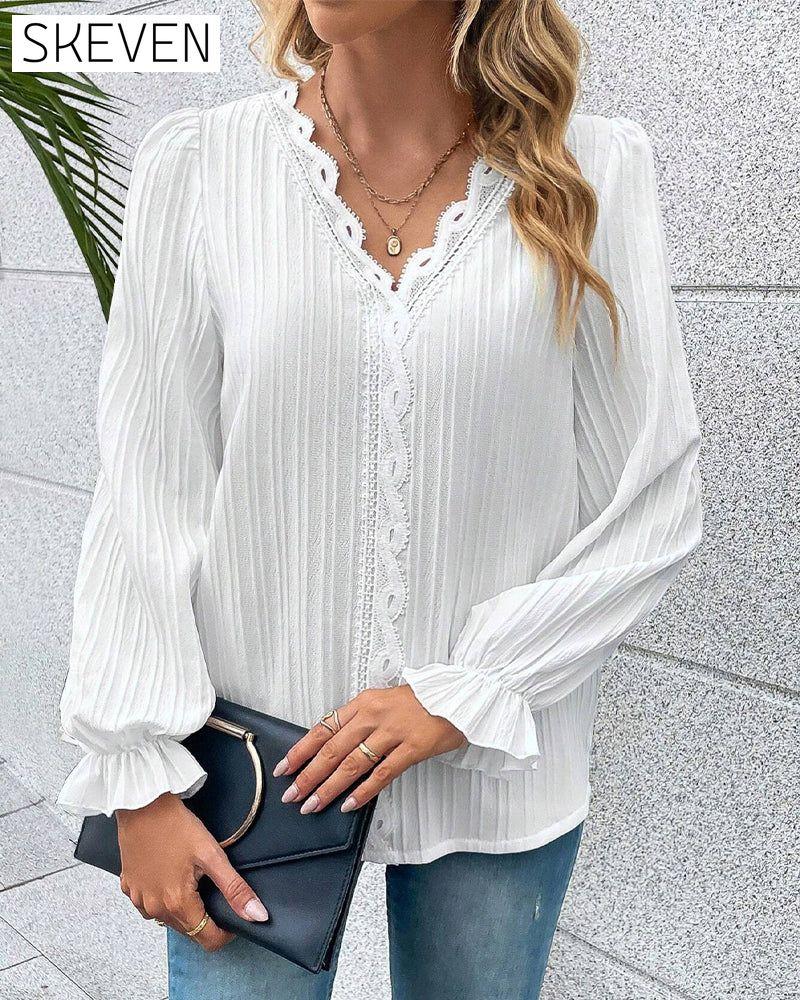Lace V-neck patchwork blouse