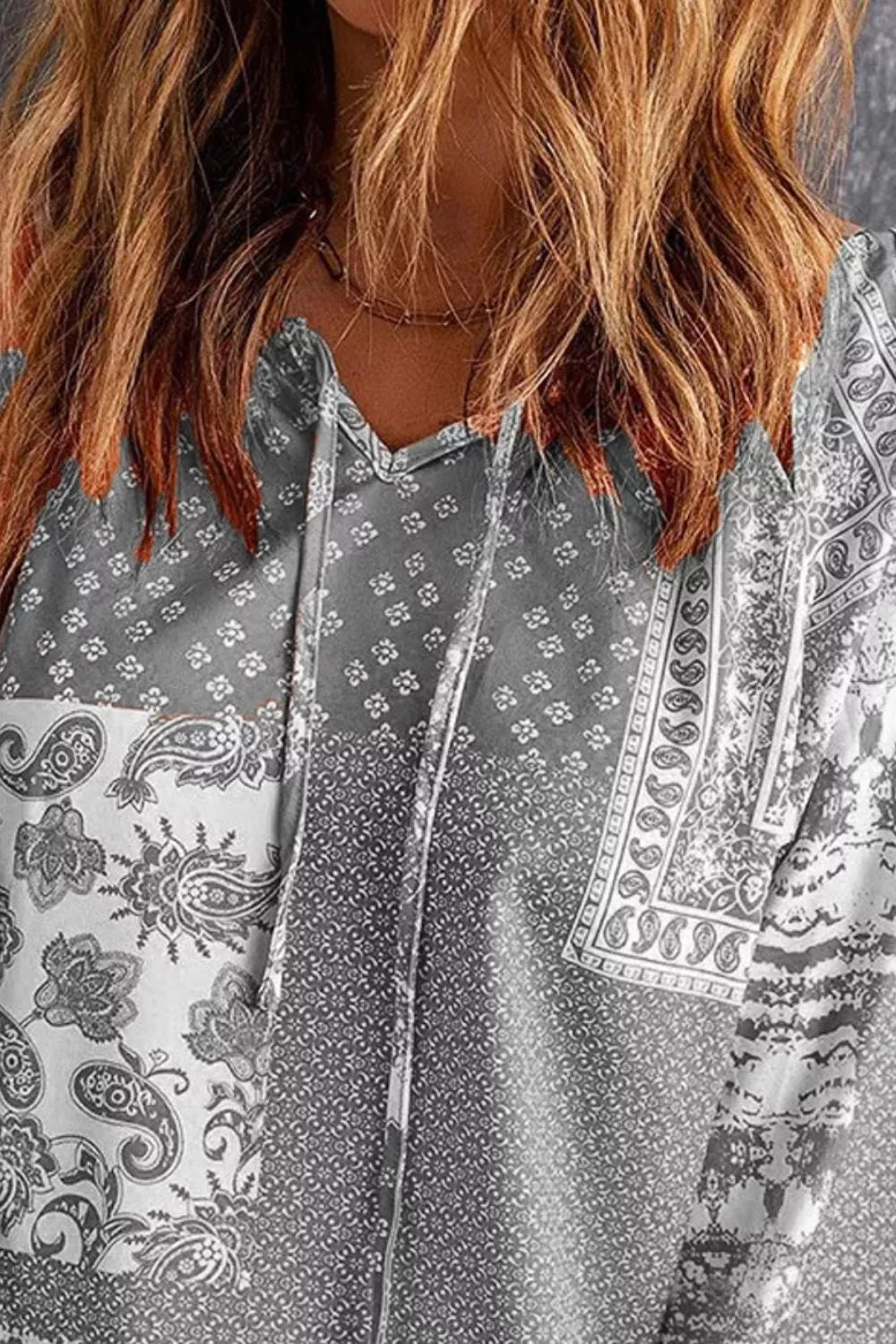 Full Size Paisley Print Tie-Neck Long Sleeve Blouse Plus Size
