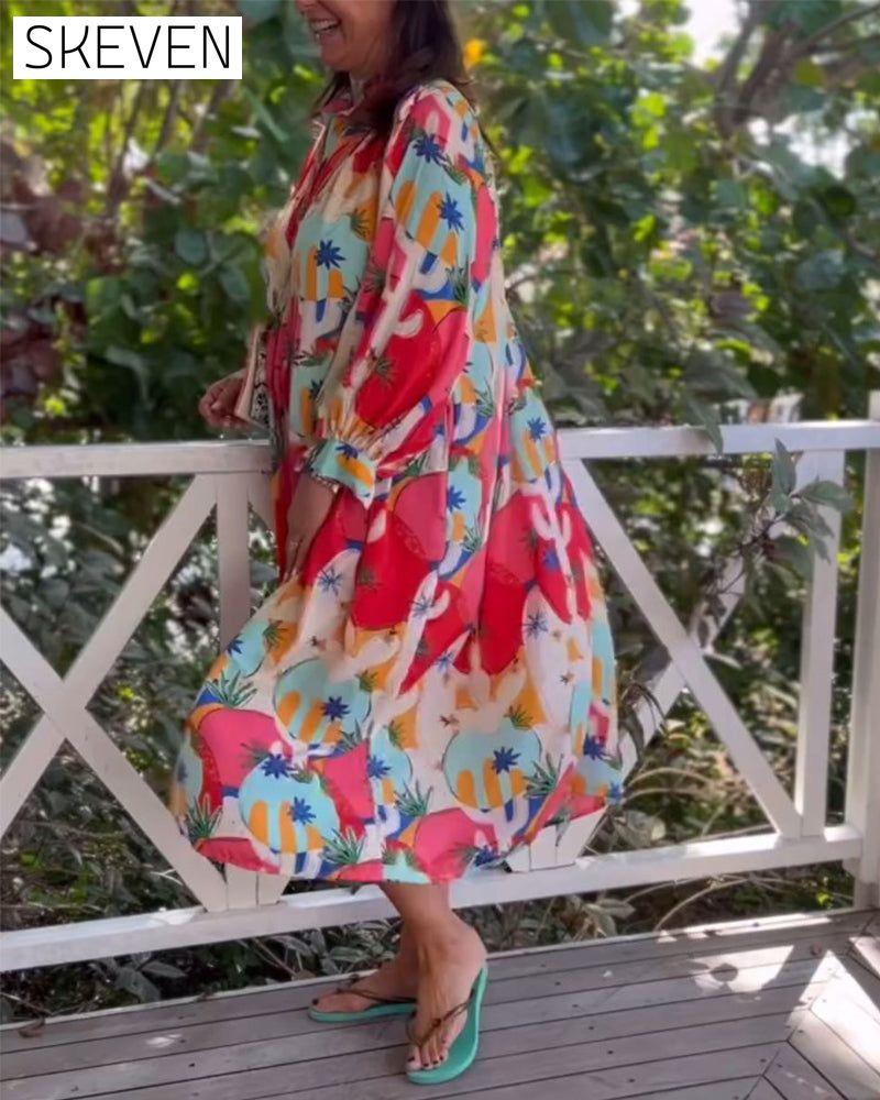 Printed lapel long sleeve dress