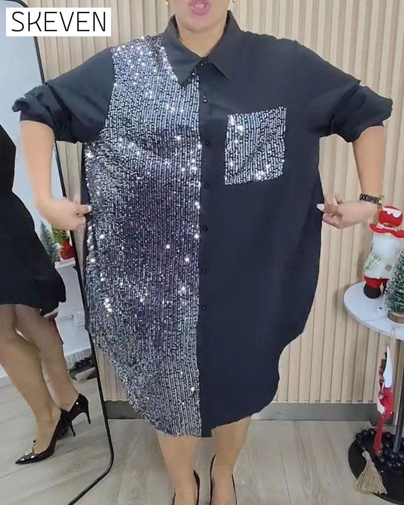 Sequin Lapel Shirt Dress