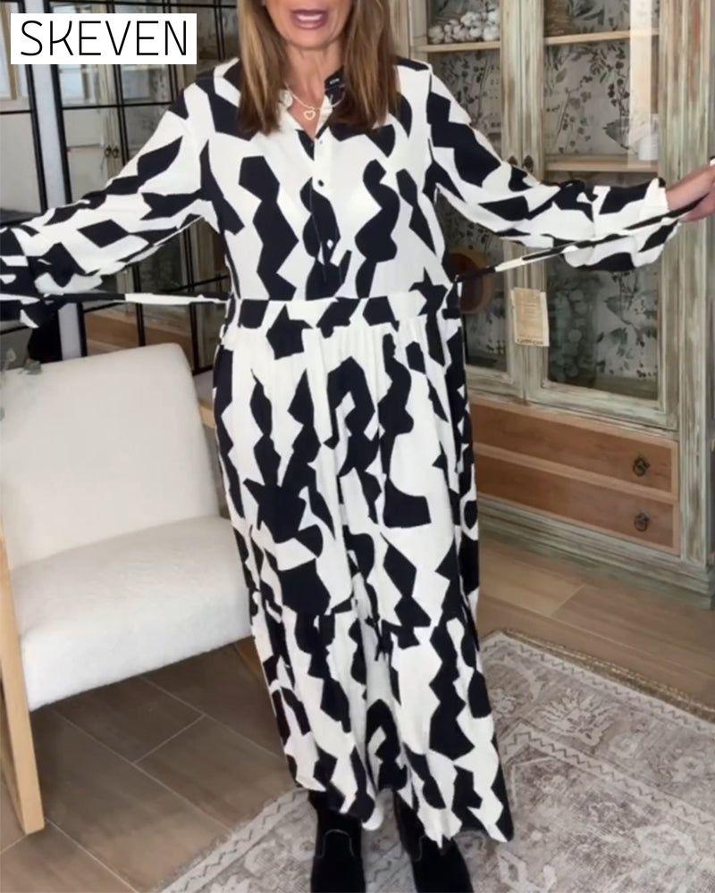 Bedrucktes, langärmeliges, lässiges Maxikleid