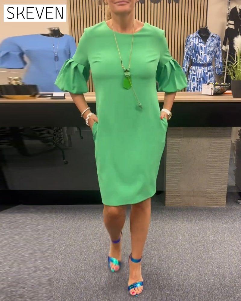 Bell sleeve solid color round neck dress casual dresses spring summer