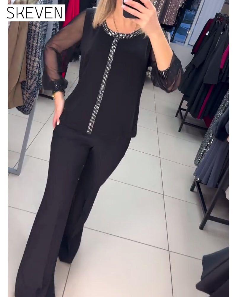 Sequin Panel Long Sleeve Blouse