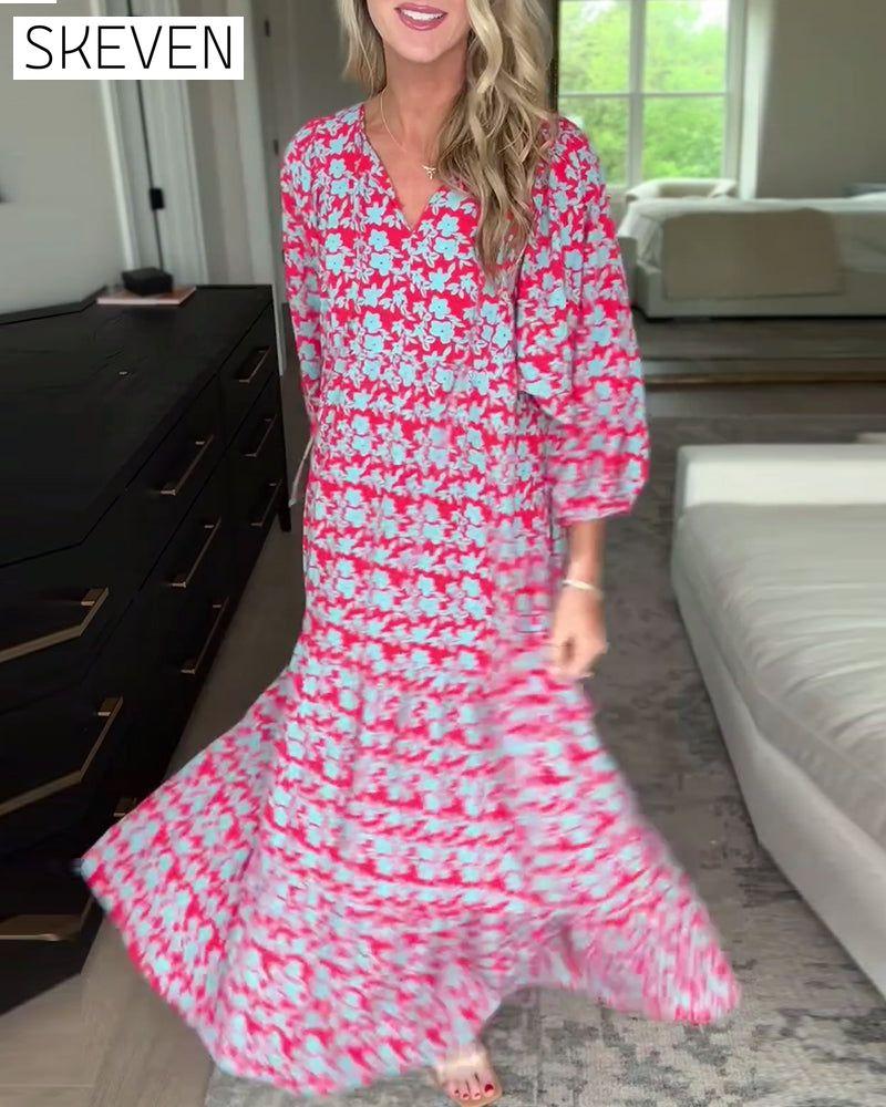 robe longue fleurie à col V et manches lanternes