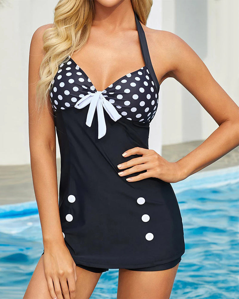 Halter Neck Polka Dot Slimming Swimsuit