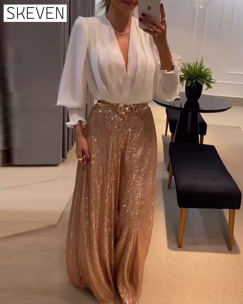 Elegant solid color V-neck lantern sleeve blouse