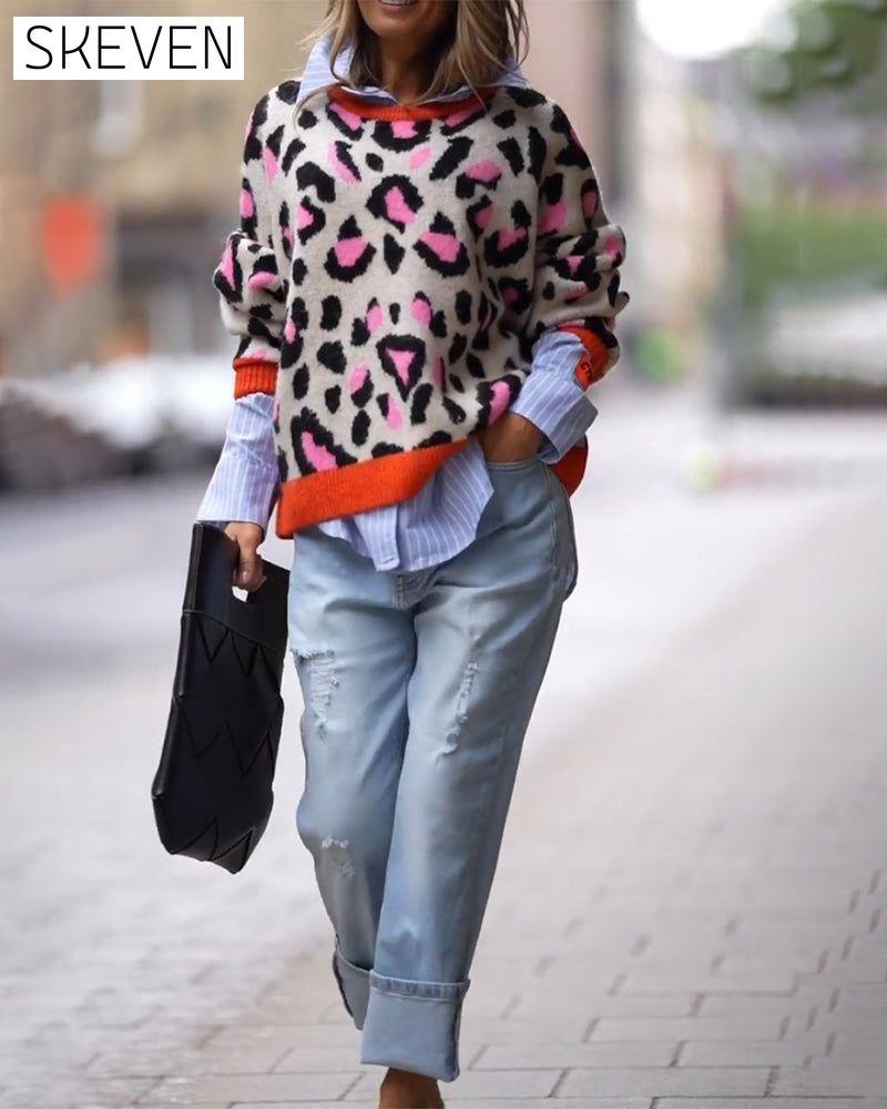 Long sleeve sweater with leopard print 2023 f/w 23BF clothes discount spring Sweaters sweaters & cardigans Tops/Blouses