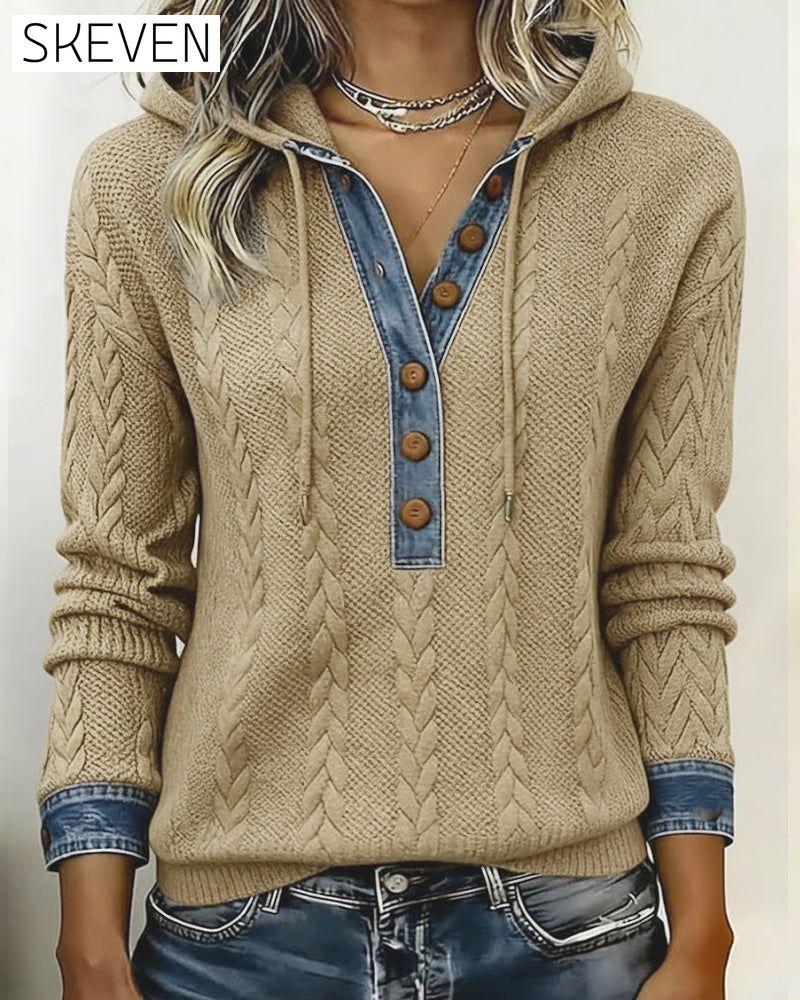 Color-Blocked Button Long-Sleeved Hooded