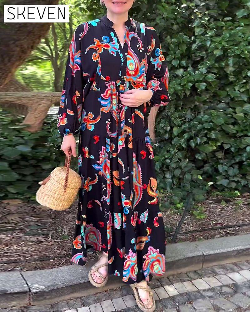 Vintage-Patchworkkleid mit Print und langen Ärmeln