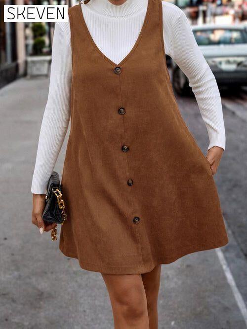 V-Neck Buttoned Tank Dress Chocolate Bigh casual dresses clothes dress dresses Ship From Overseas short dresses