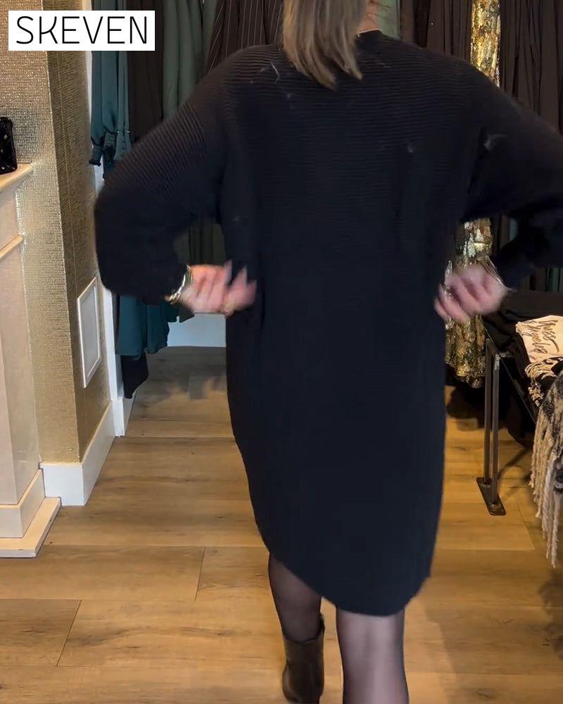 V-Neck Solid Color Sweater Dress