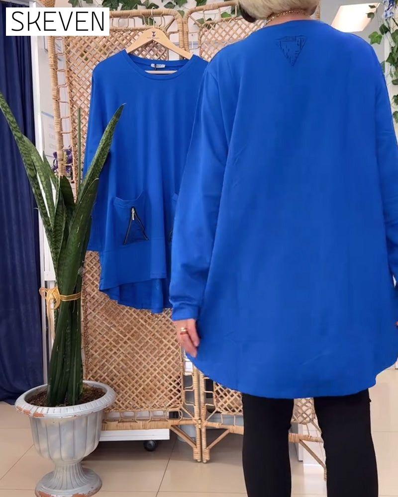 Round Neck Solid Color Zipper Pocket Sweatshirt
