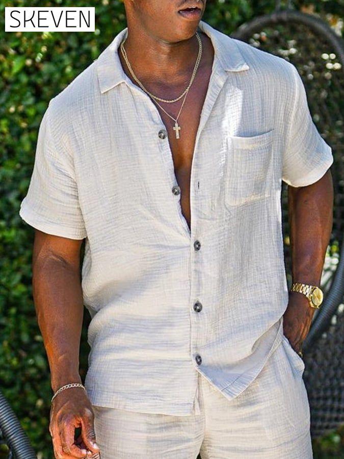 Men's Casual Solid Color Short Sleeve Cotton Shirt men s linens