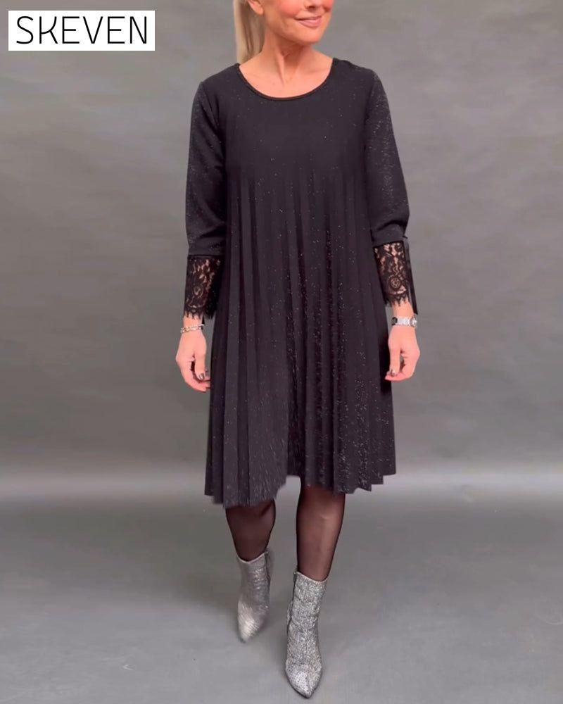 robe plissée en dentelle patchwork de couleur unie
