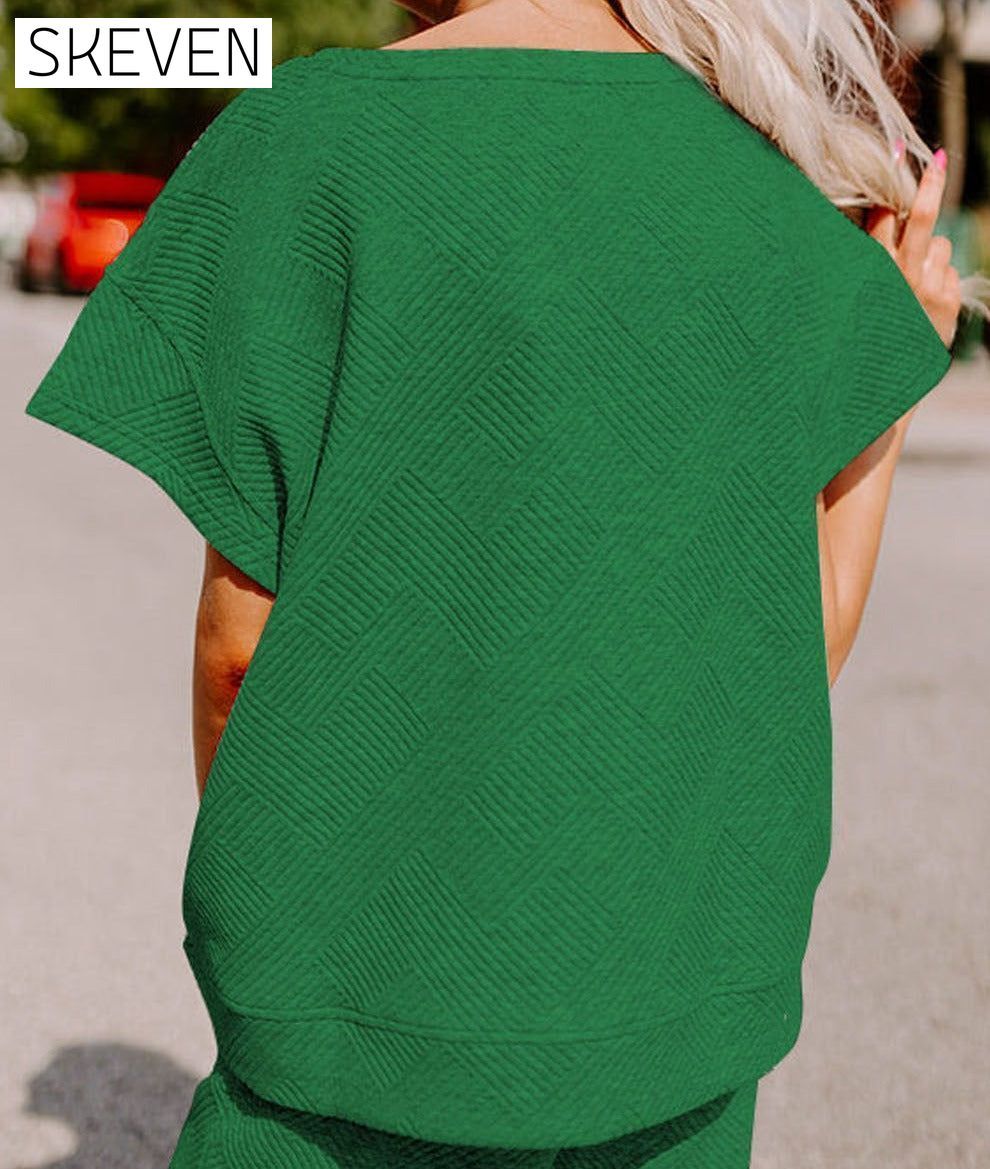Dark Green Textured Loose Fit T Shirt and Drawstring Pants Set 2 pieces Best Sellers clothes EDM Homewear EDM Monthly Recomend Fabric Ribbed lounge wear Occasion Home pants set Print Solid Color Season Summer sets Silhouette Wide Leg Style Casual