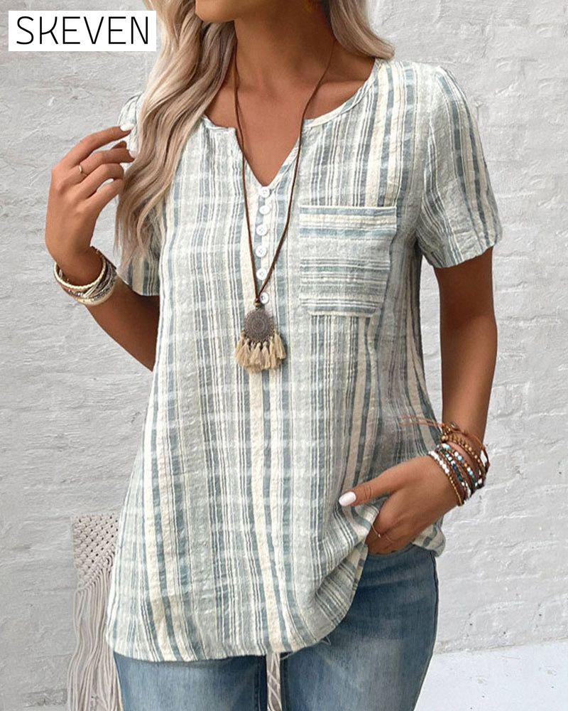 Casual V Neck Striped Plaid T-Shirt