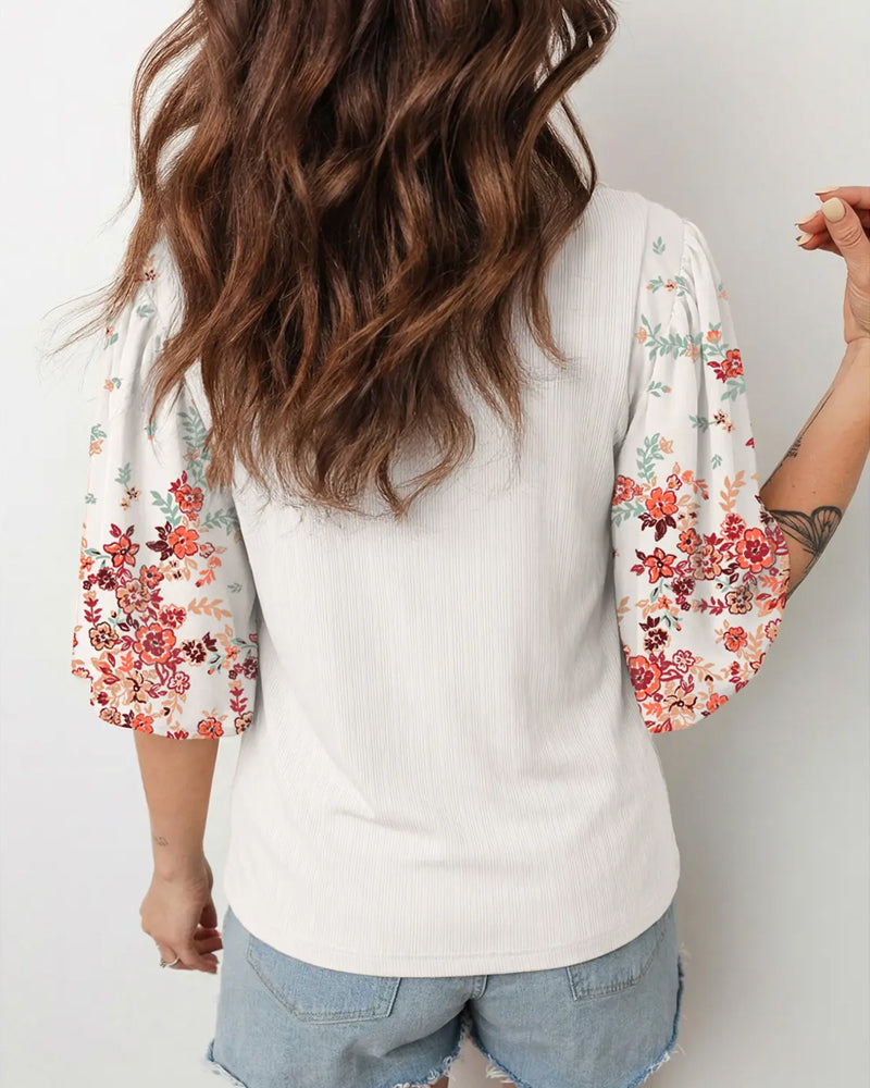 Round Neck Floral Flared Sleeve T-Shirt
