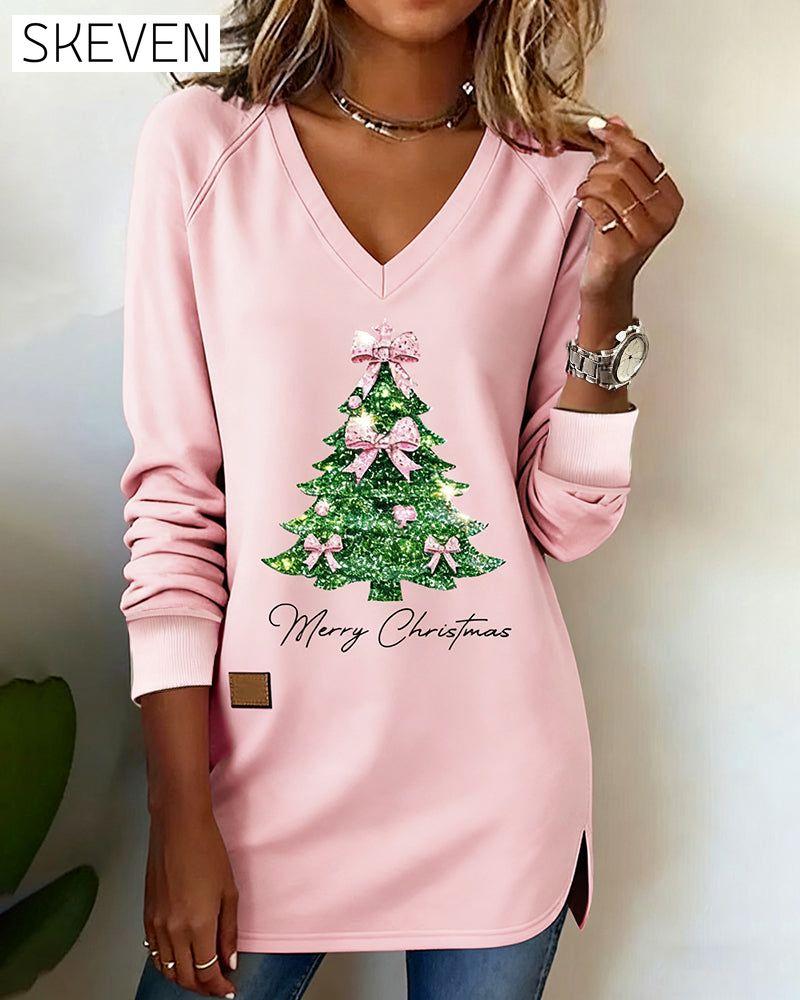 Sweat-shirt à manches raglan et col en V imprimé sapin de Noël