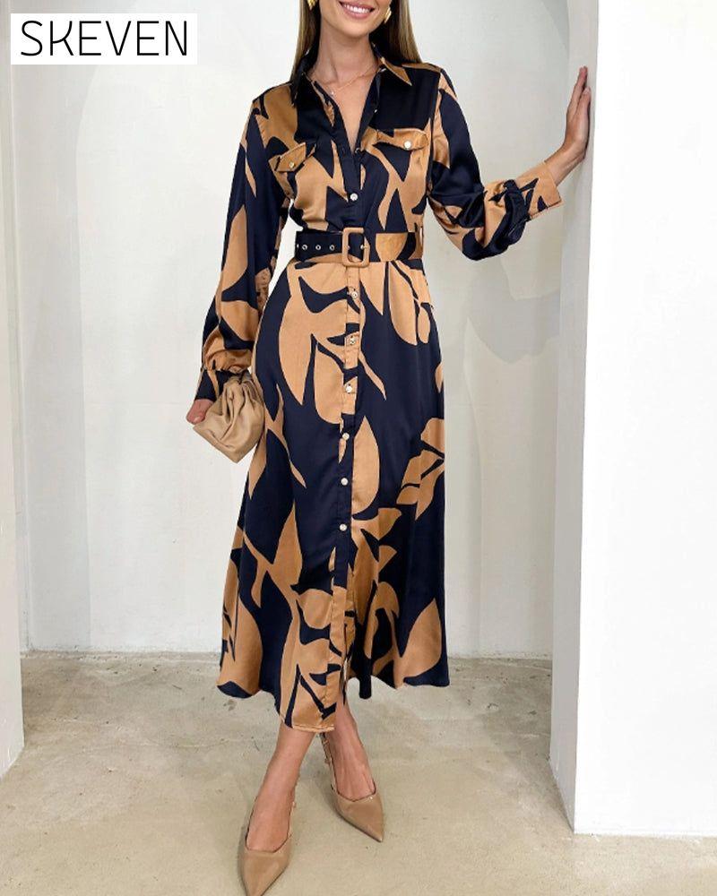 Elegant leaf print long sleeve lapel dress