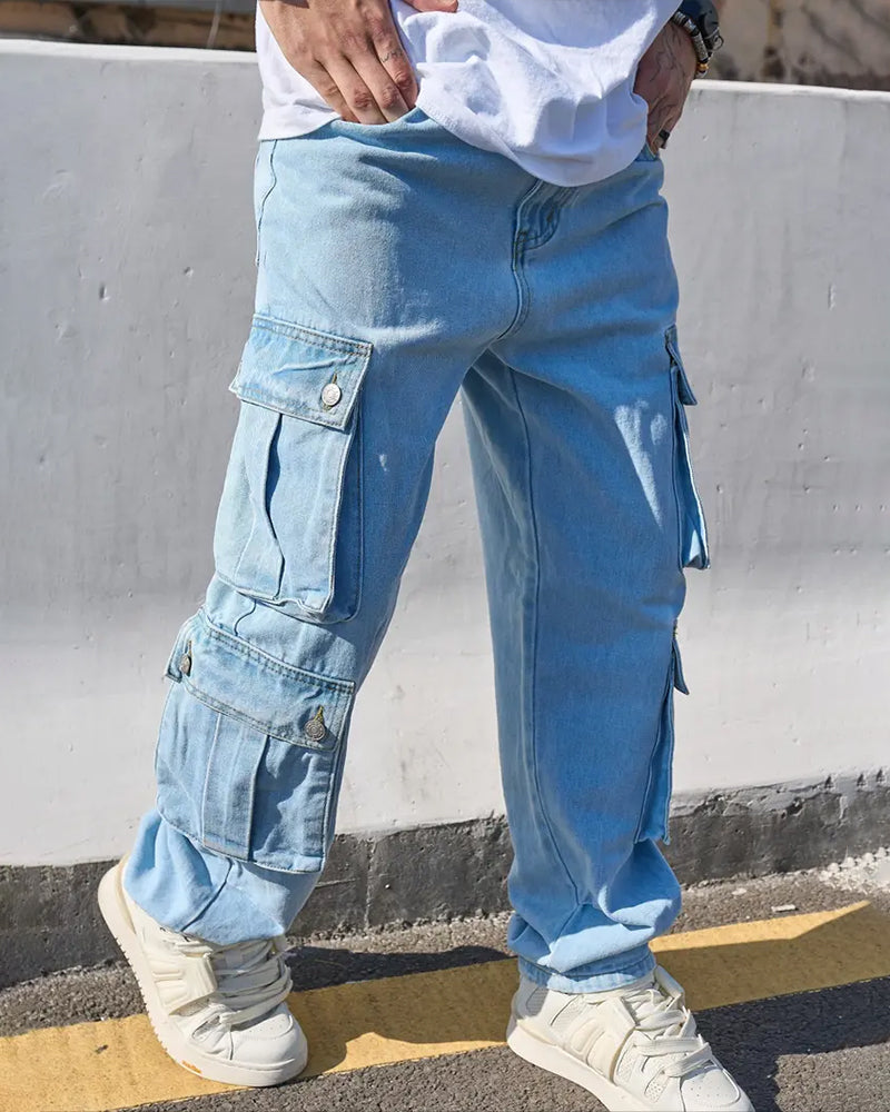 Men's Loose Solid Flap Pocket Cargo Denim Jeans